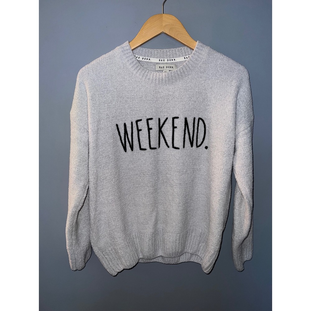 Rae Dunn Weekend Chenille Sweater Gray Crew Neck Plush Knit Pullover Womens M